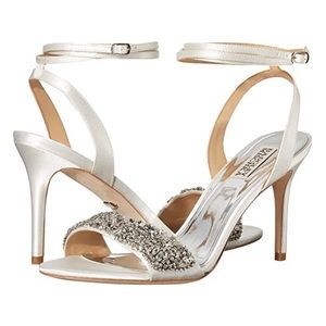Badgley Mischka Jen White Satin Heels with Rhinestones 8.5